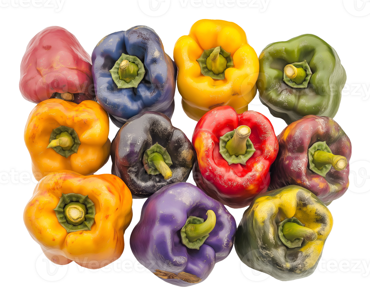 wrinkled and moldy bell peppers in various colors, spoiled and decayed vegetables with shriveled skin and fungal growth, aged produce with visible blemishes, on isolated background png