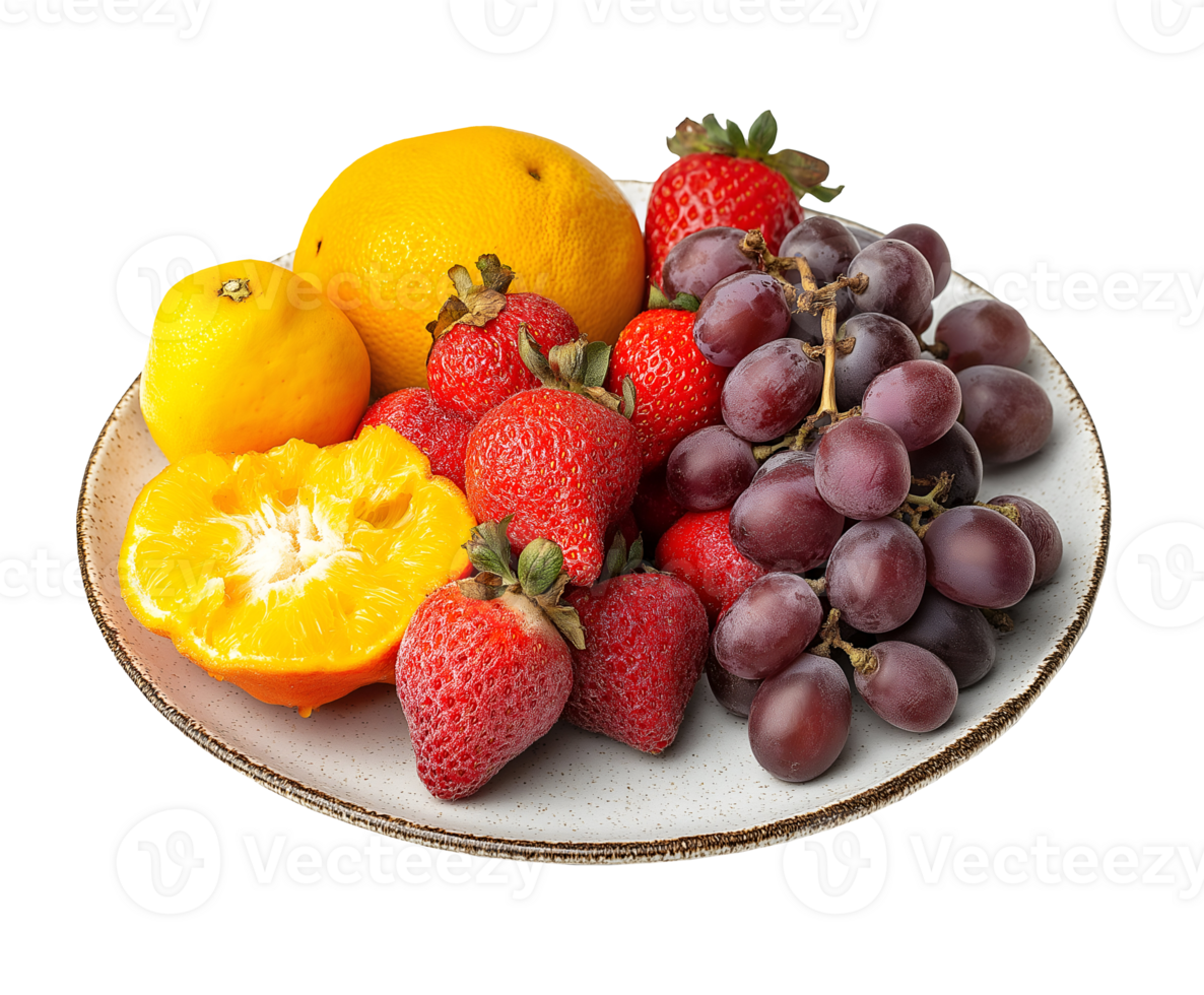 plate of spoiled fruits including mushy strawberries, wrinkled grapes, and discolored citrus, decayed produce with visible mold and shriveled texture, decomposing food waste, on isolated background png
