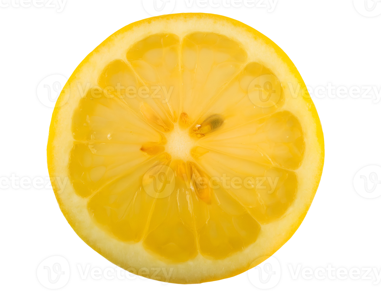 a clean fresh cut round lemon slice, juicy citrus fruit cross-section with vibrant yellow color and natural pulp texture, on isolated background png