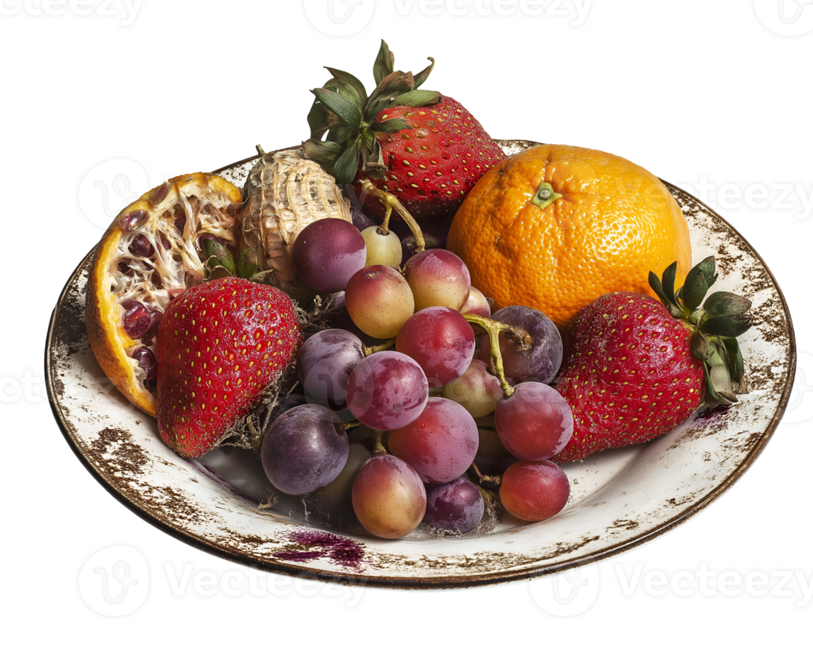 plate of spoiled fruits including mushy strawberries, shriveled grapes, and decayed citrus, rotten produce with visible mold and shriveled texture, decomposing food waste, on isolated background png