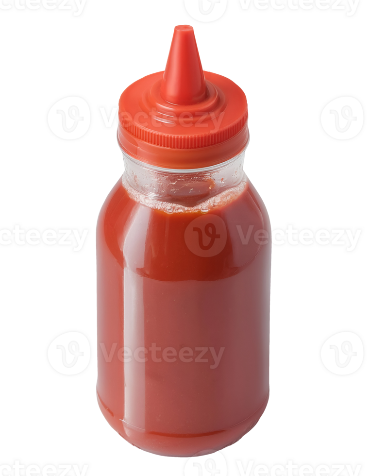 isometric 3d red squeeze bottle filled with ketchup or hot sauce, plastic condiment dispenser with pointed nozzle cap, on isolated background png