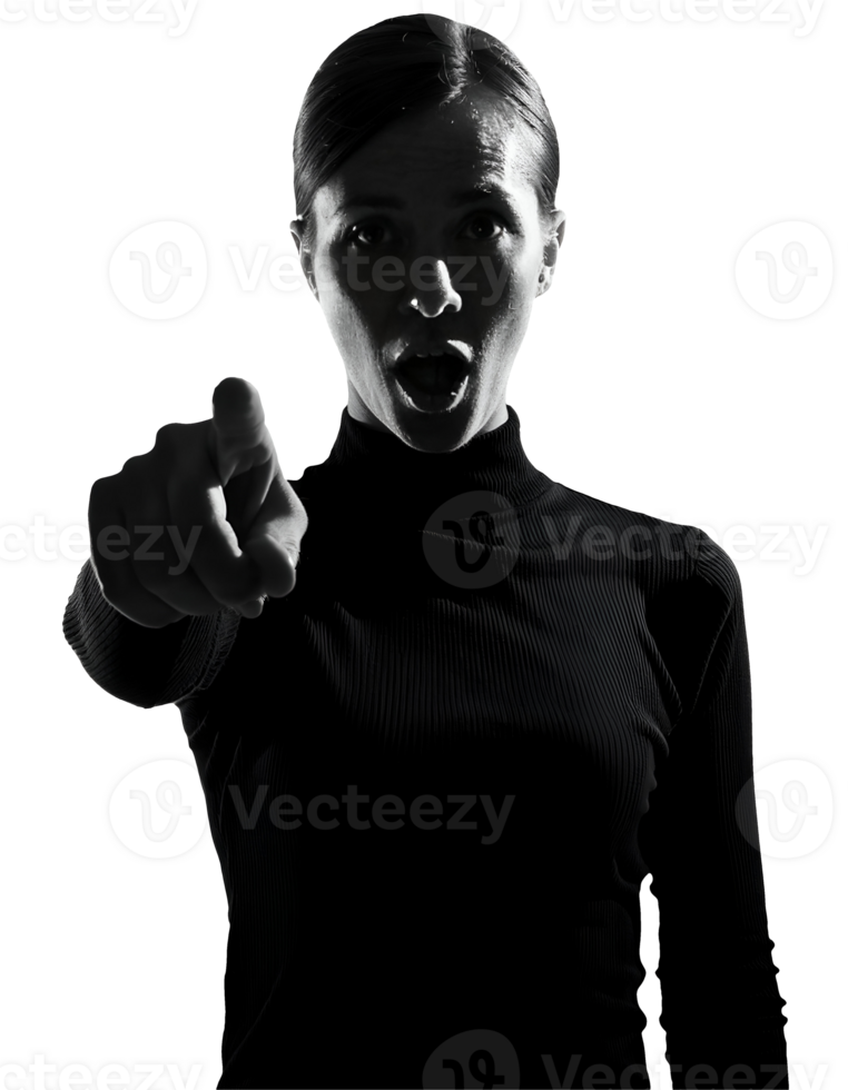 a clean 2d black silhouette of a person pointing forward with a shocked and surprised facial expression, symbolizing accusation, confrontation, or realization, on isolated background png