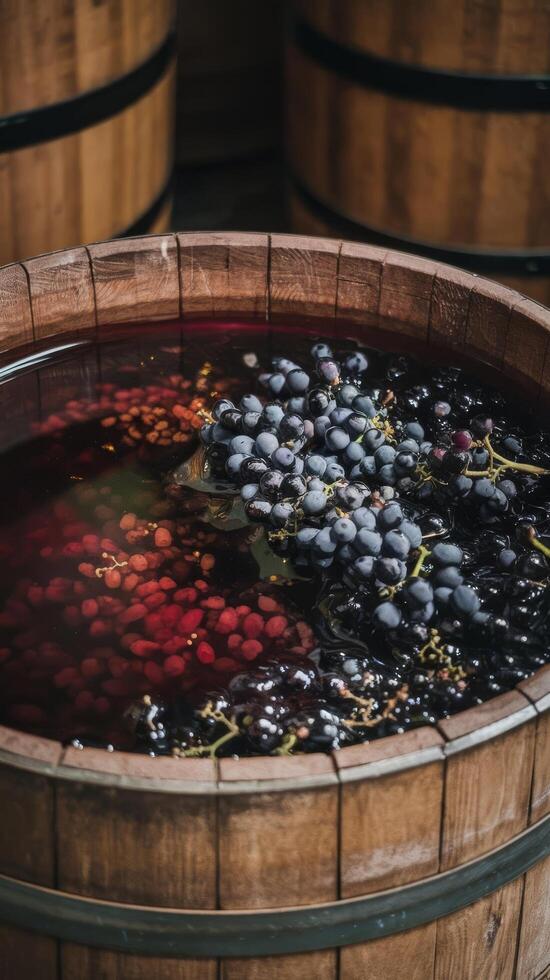 A barrel filled with grapes and berries photo