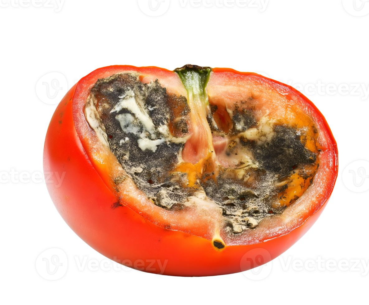 rotting tomato half with mushy watery interior and visible mold, spoiled fruit with fungal growth and blackened decay, decomposing produce with shriveled texture, on isolated background png