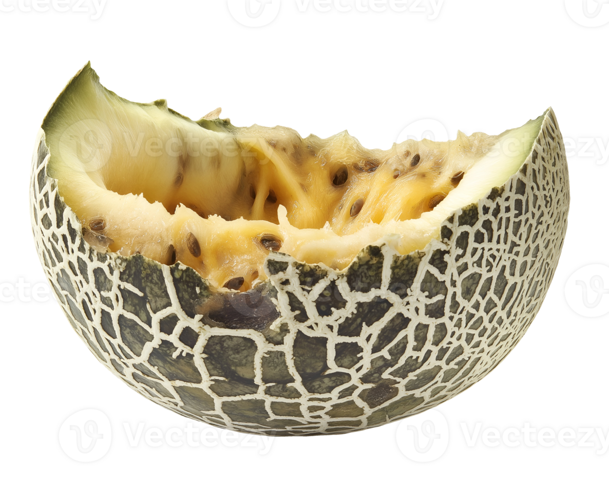 rotting melon half with slimy mushy interior and brown seeds, spoiled fruit with decomposed flesh and shriveled texture, decayed produce with visible deterioration, on isolated background png
