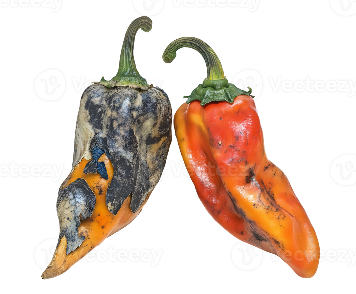 rotting chili peppers with wrinkled skin and mold, spoiled and discolored peppers with fungal growth and decay, aged produce with signs of decomposition, on isolated background png