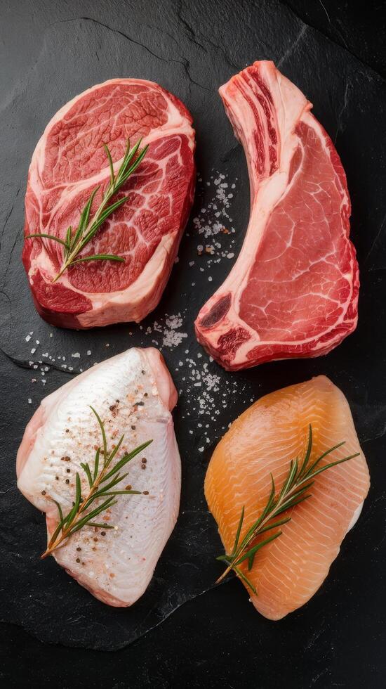 Set of meat fish steak veal steak and chicken breast top view on a black stone background photo