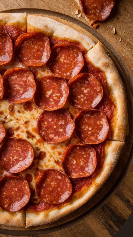 A pepperoni pizza on a glass plate photo