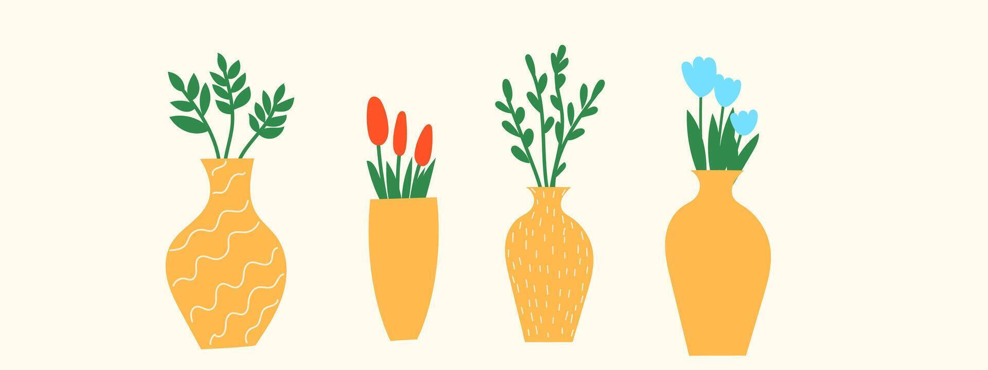 Doodle Flowers in Yellow Vase. Simple Hand Drawn Element Decoration Set. Positive and Happy Greeting Gift for Woman's Day, Mother Day from Kid. vector