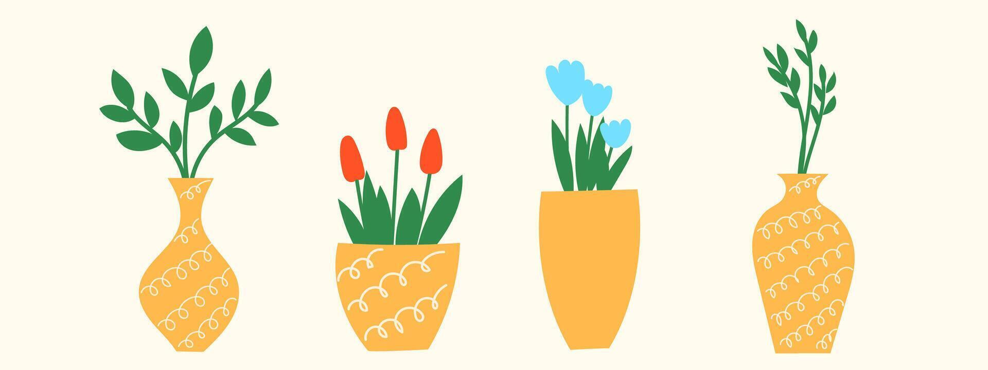 Doodle Flowers in Yellow Vase. Simple Hand Drawn Element Decoration Set. Positive and Happy Greeting Gift for Woman's Day, Mother Day vector