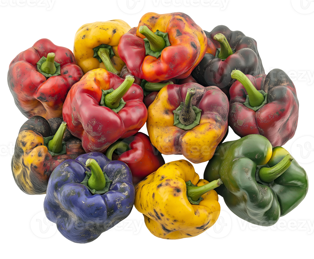 wrinkled and moldy bell peppers in various colors, spoiled and decayed vegetables with shriveled skin and blemishes, expired produce with signs of rot, on isolated background png