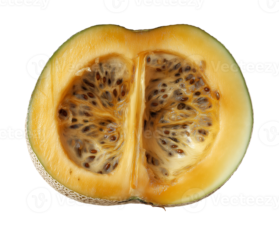 rotting melon half with slimy mushy interior and brown seeds, spoiled fruit with decayed flesh and visible deterioration, decomposing produce with shriveled texture, on isolated background png