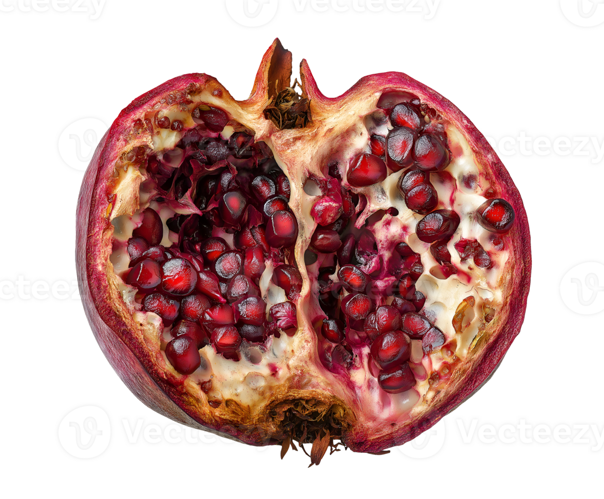 rotting pomegranate half with mushy seeds and decayed interior, spoiled fruit with discolored arils and fungal growth, decomposing produce with shriveled texture, on isolated background png