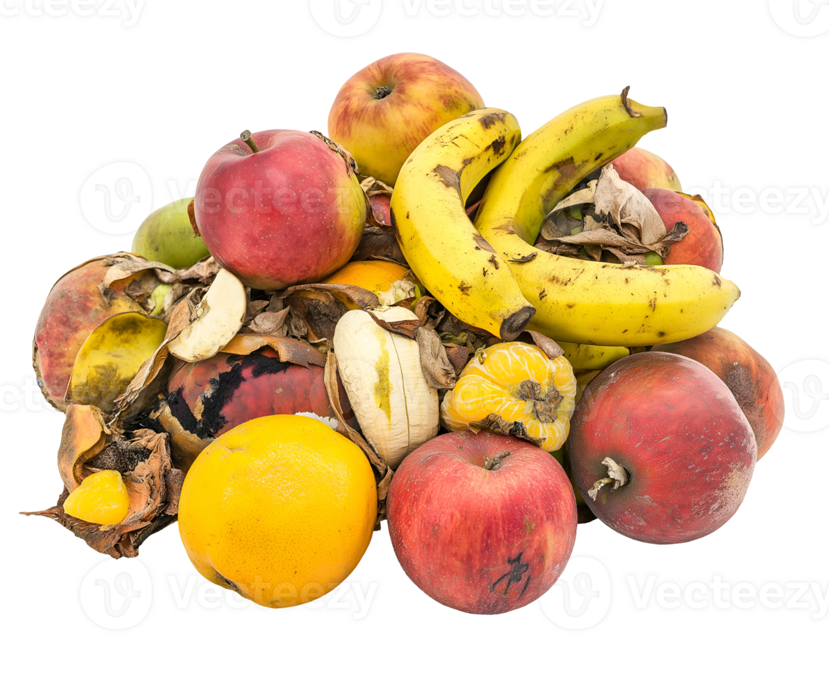 spoiled mixed fruits including apples, bananas, and oranges, decayed produce with mold, bruising, and shriveled texture, decomposing food waste with visible deterioration, on isolated background png