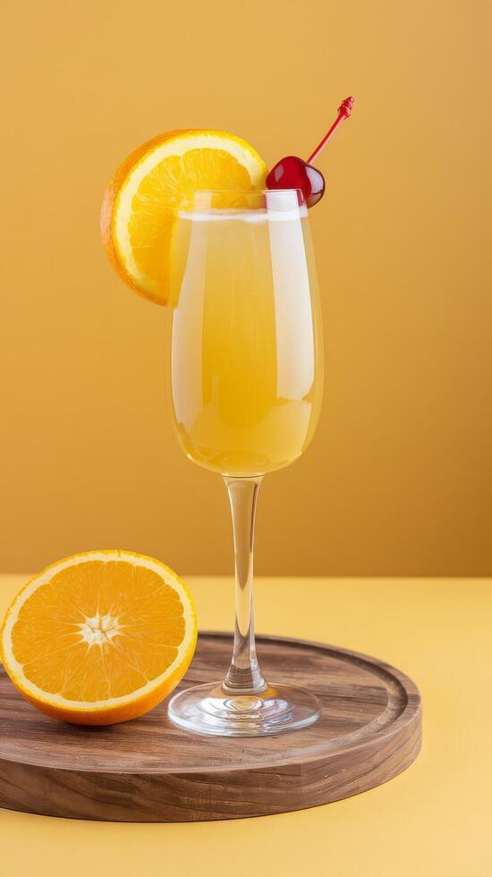 Orange juice cocktail with cherry on yellow background photo
