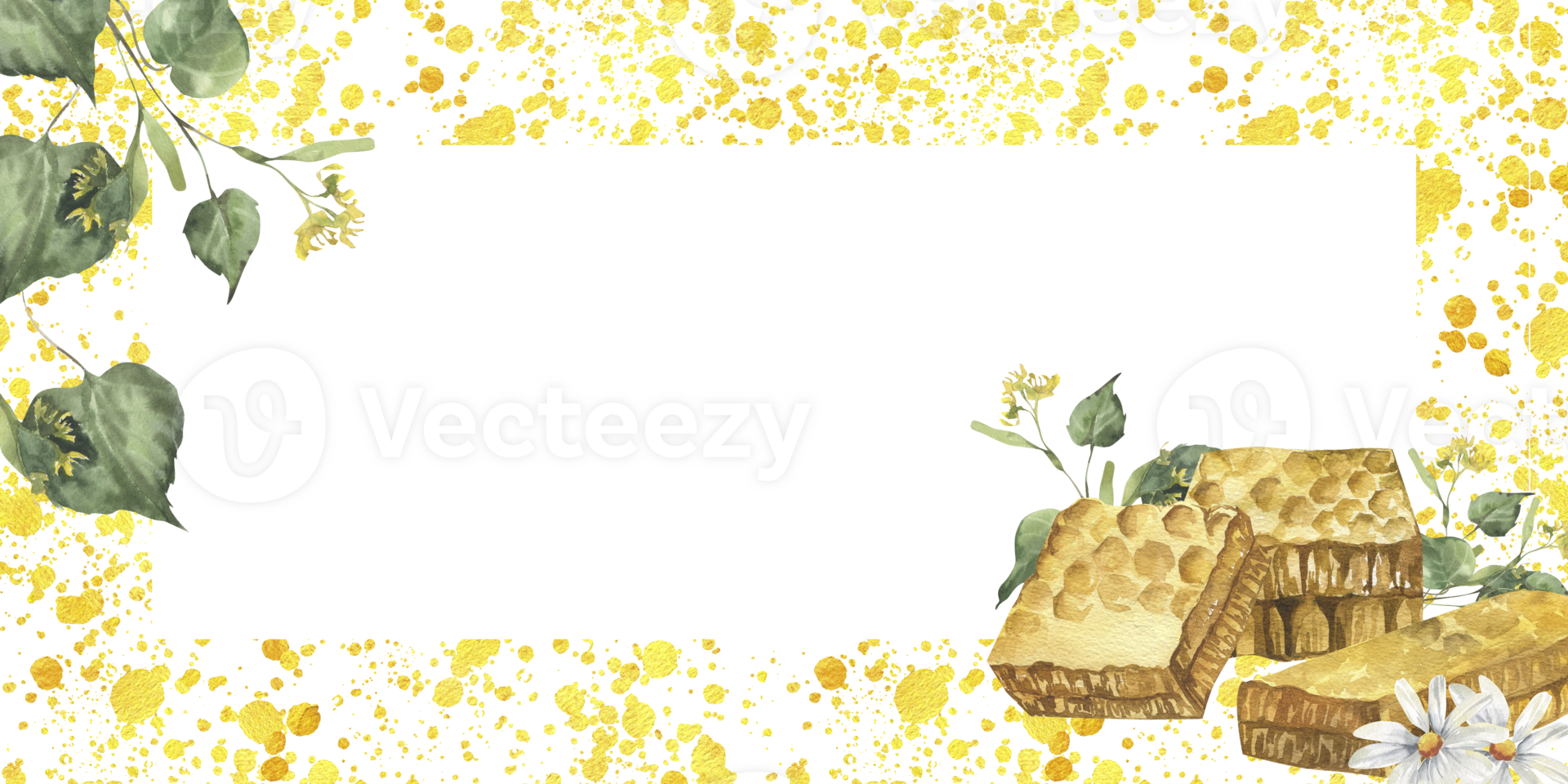 Organic food and ingredient banner template with watercolor honeycombs linden branches and daisy flowers illustrations. Field flowers chamomile with sweet honey on yellow splashes frame for packing png