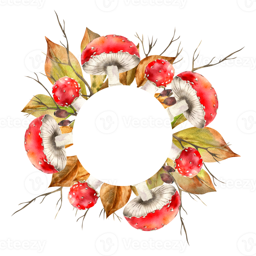 Fly agaric wreath with autumn colorful leaves and bare branches.Hand drawn fall seasonal frame with copy space, forest botanical clipart for harvest poster, card, packing design png