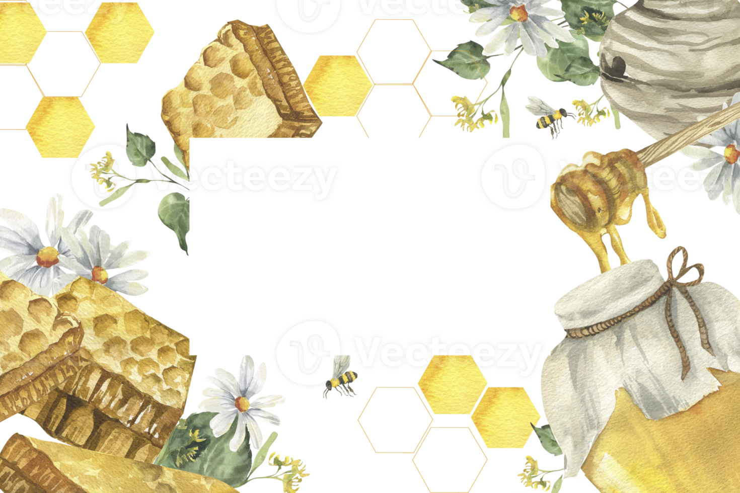Organic honey watercolor banner template with honey jar, comb pieces,bees and floral chamomile and linden illustrations. Hand drawn isolated frame for healthy food label,ingredient ,packing design png