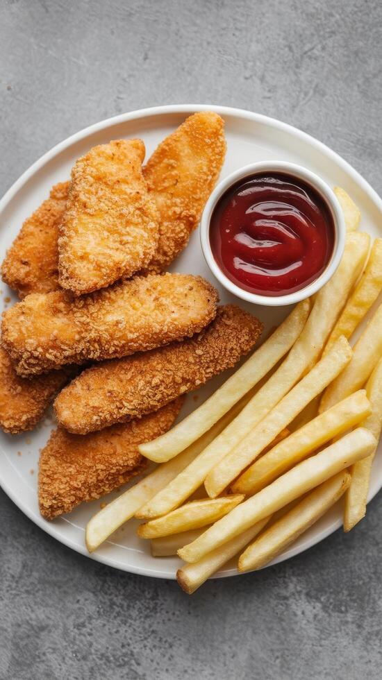Chicken nuggets and fries on a plate with ketchup photo