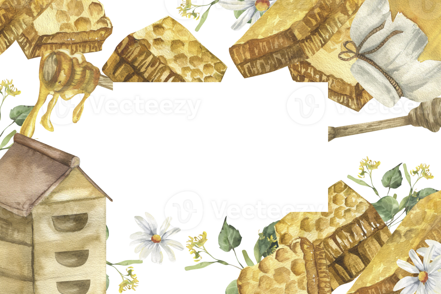 Vegan sweet honey banner with watercolor bee house, honey comb pieces,lindenchamomile flowers illustrations. Isolated frame with organic food clipart, cosmetics and medicine ingredient packing design png