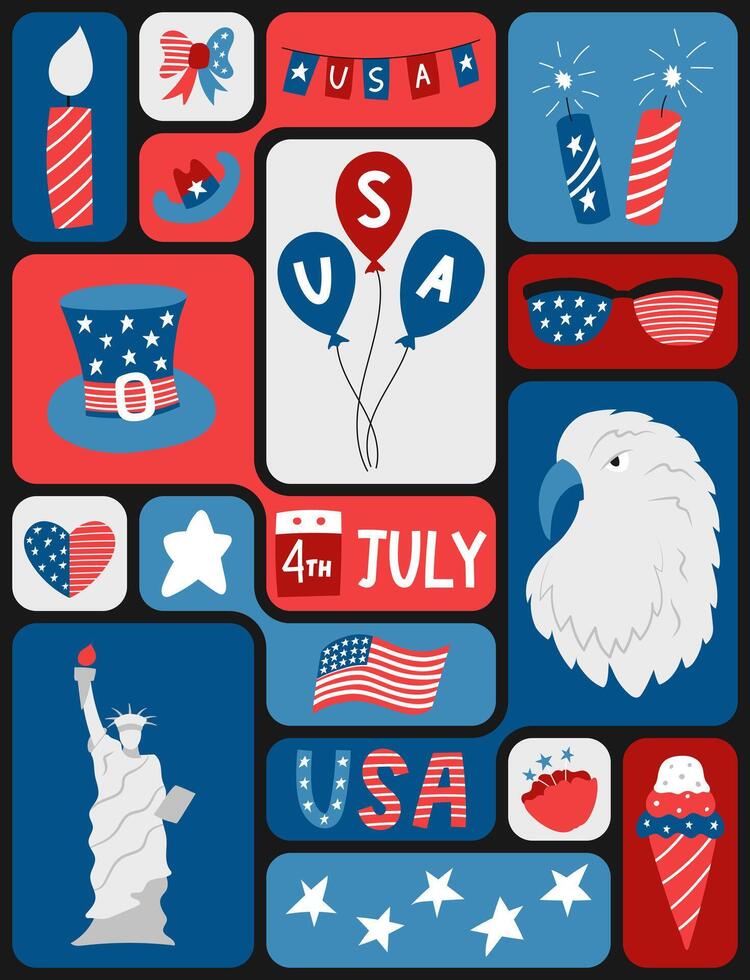4th of July.USA Independence Day. Geometric pattern background with American flag, symbols on color grid blocks. Template for banner, card, poster. illustration. vector