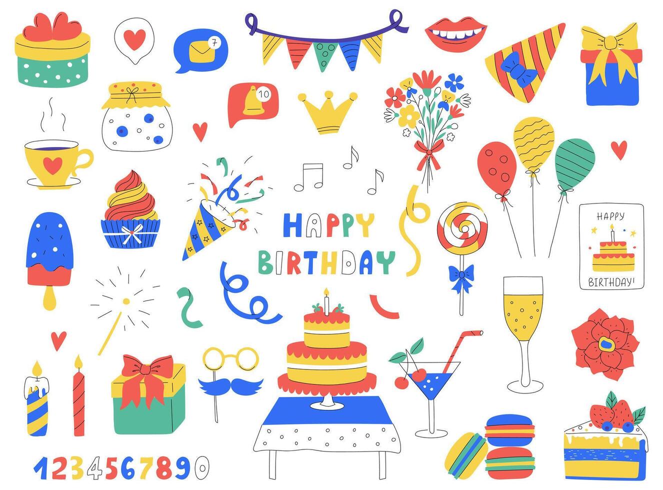 Set of festive design elements. Cake, poppers, balloons, gifts. Birthday, holiday symbols. Bright illustrations isolated on white background. vector