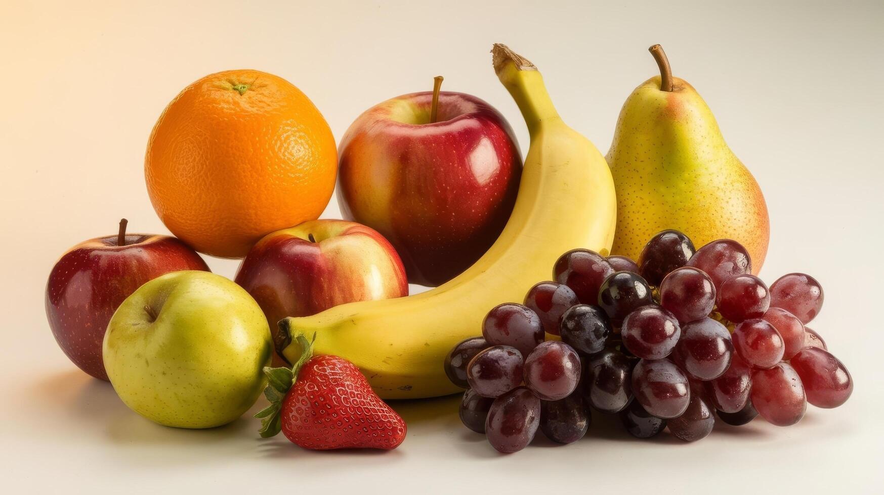 A pile of fruit including apples, grapes, oranges and bananas photo