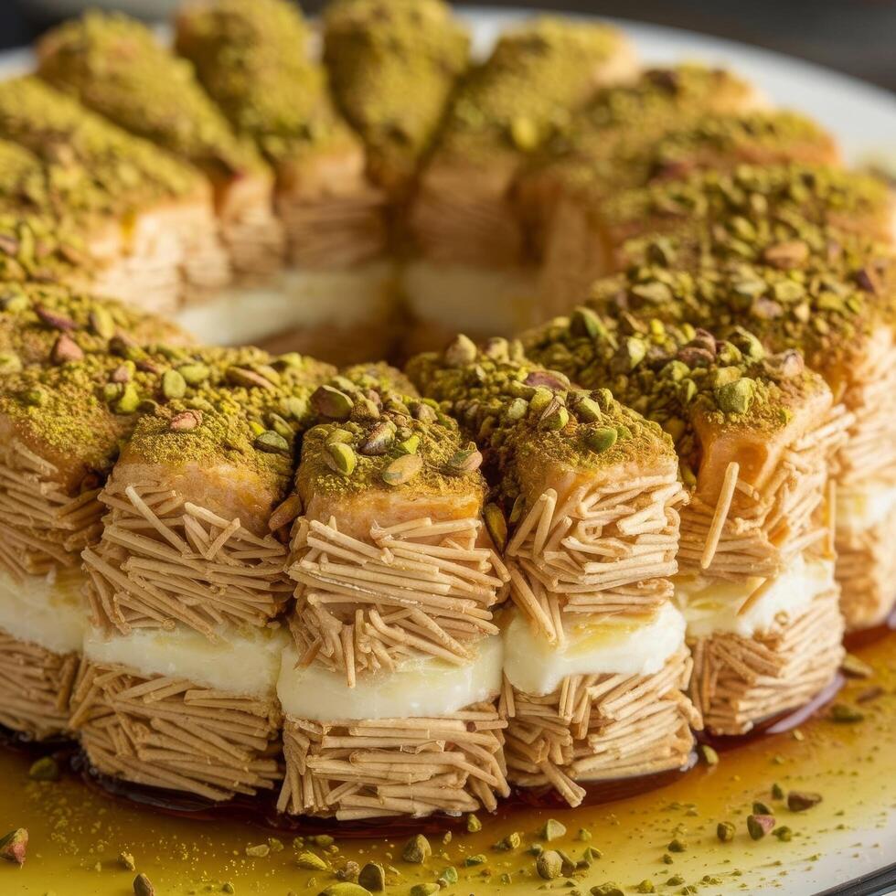 A dessert with a layer of cheese and pistachios photo