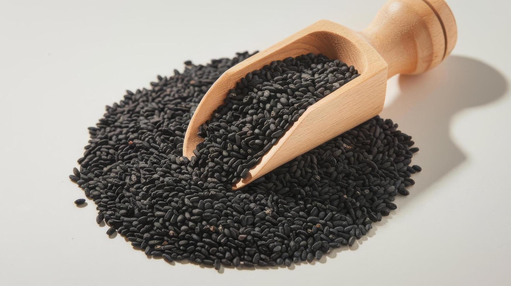 Black cumin seeds in a wooden scoop photo