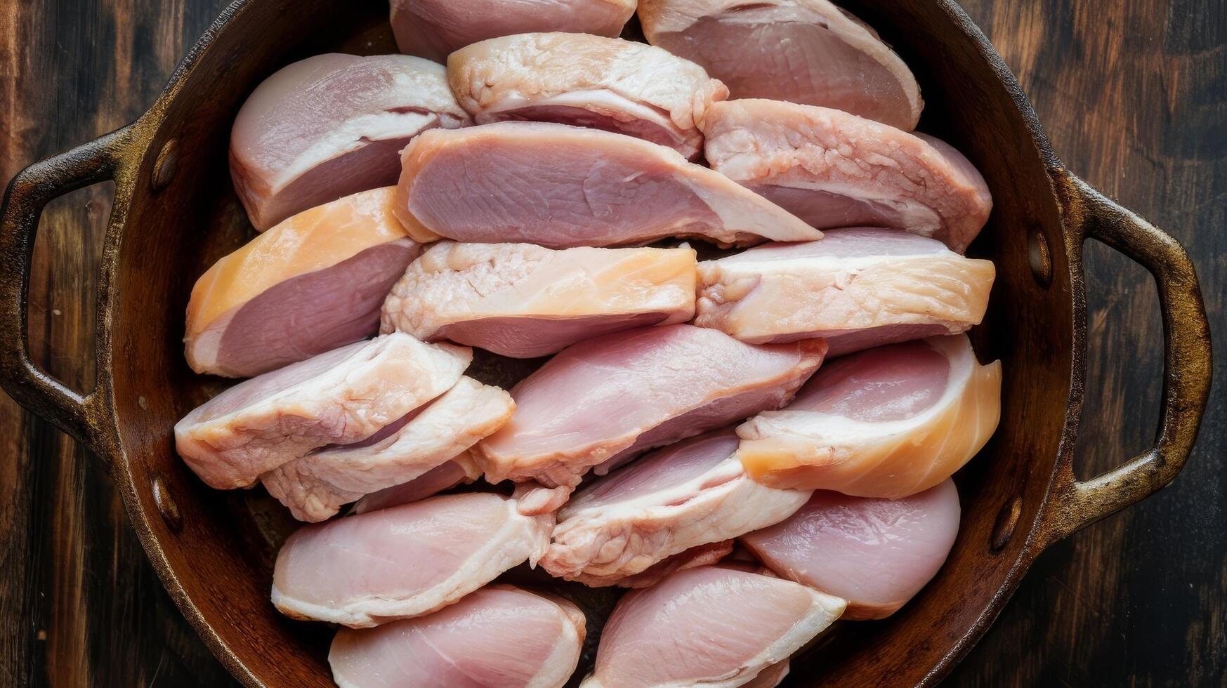 Raw chicken in a pan on a wooden table photo