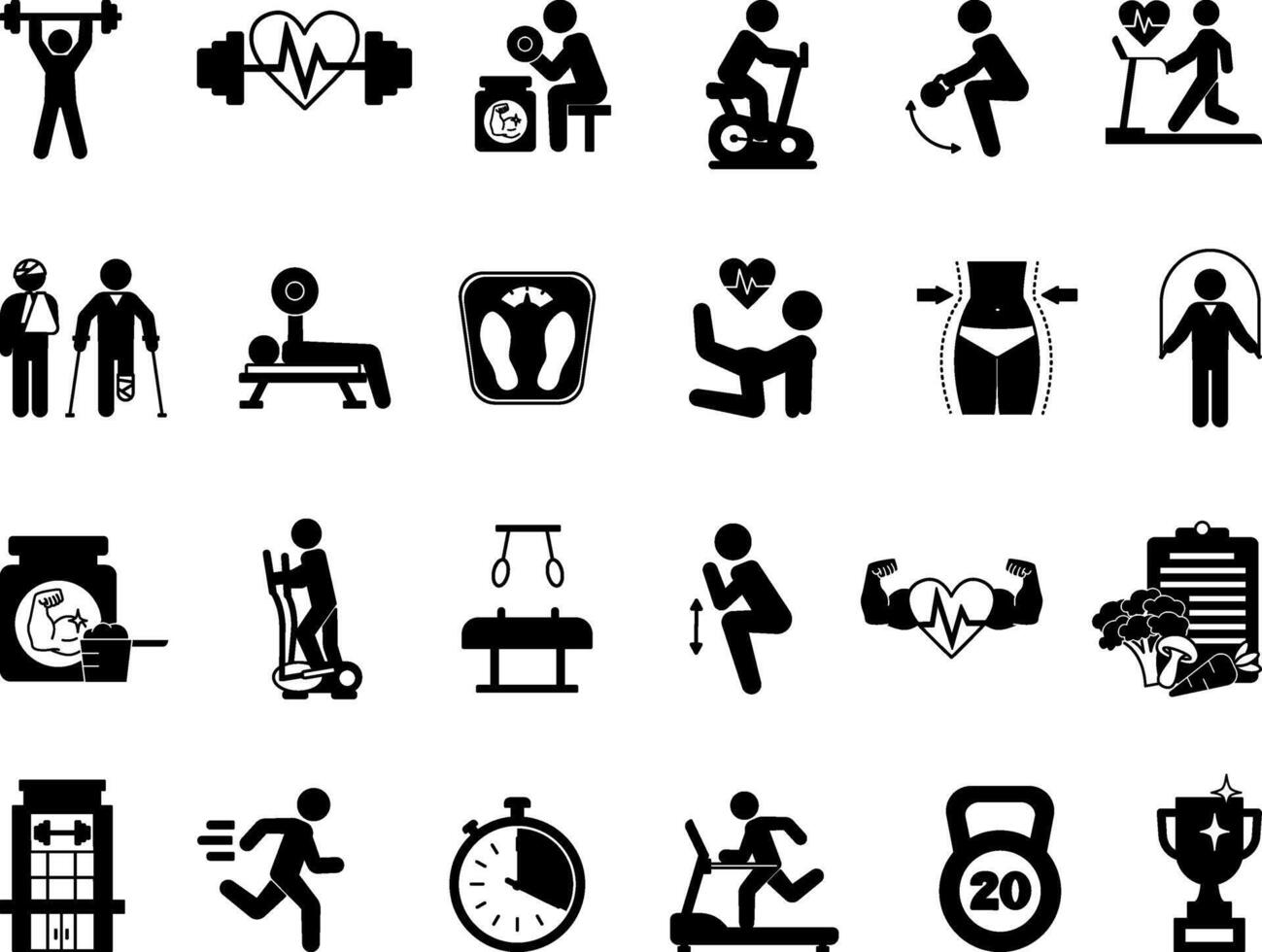 Black Gym Icon Set. Illustrations Fitness, Weightlifting, Elliptical Bike, Weight Loss, Diet, Protein, Treadmill, Bench Press, Squat, Weight, Injury, Kettlebell, and More vector