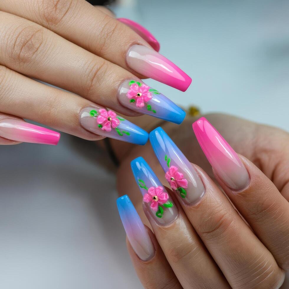 Beautiful nails with flowers and blue and pink ombre photo