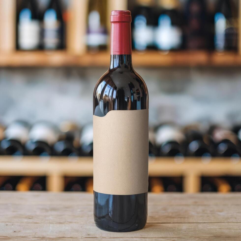 A bottle of wine sitting on a wooden table photo