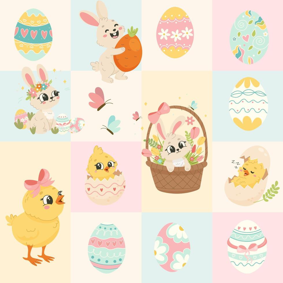 Adorable set of Easter bunnies, chickens, colorful eggs and spring flowers. Seamless pattern vector