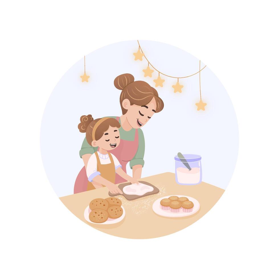 Sweet Mother's Day Illustration Baking with Mom and Daughter vector