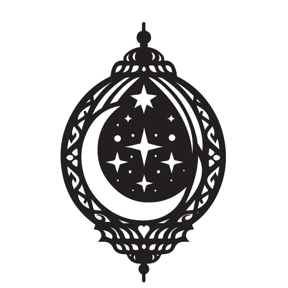 the crescent moon and stars in a circular ornament lantern vector