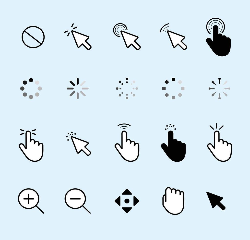 a NEW Computer mouse click cursor gray arrow icons set and loading icons. Cursor icon. vector