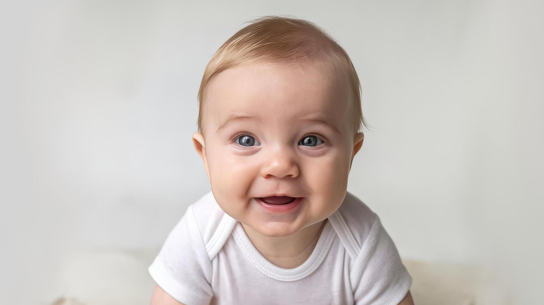 A baby smiling while laying on a blanket photo