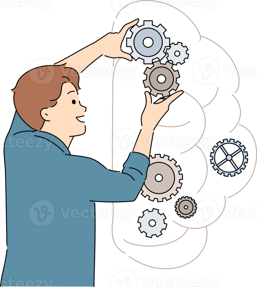 Man is developing artificial intelligence by placing industrial gears inside brain. Development of neural mechanism that allows you to replace human brain with ai and improve memory or intelligence png