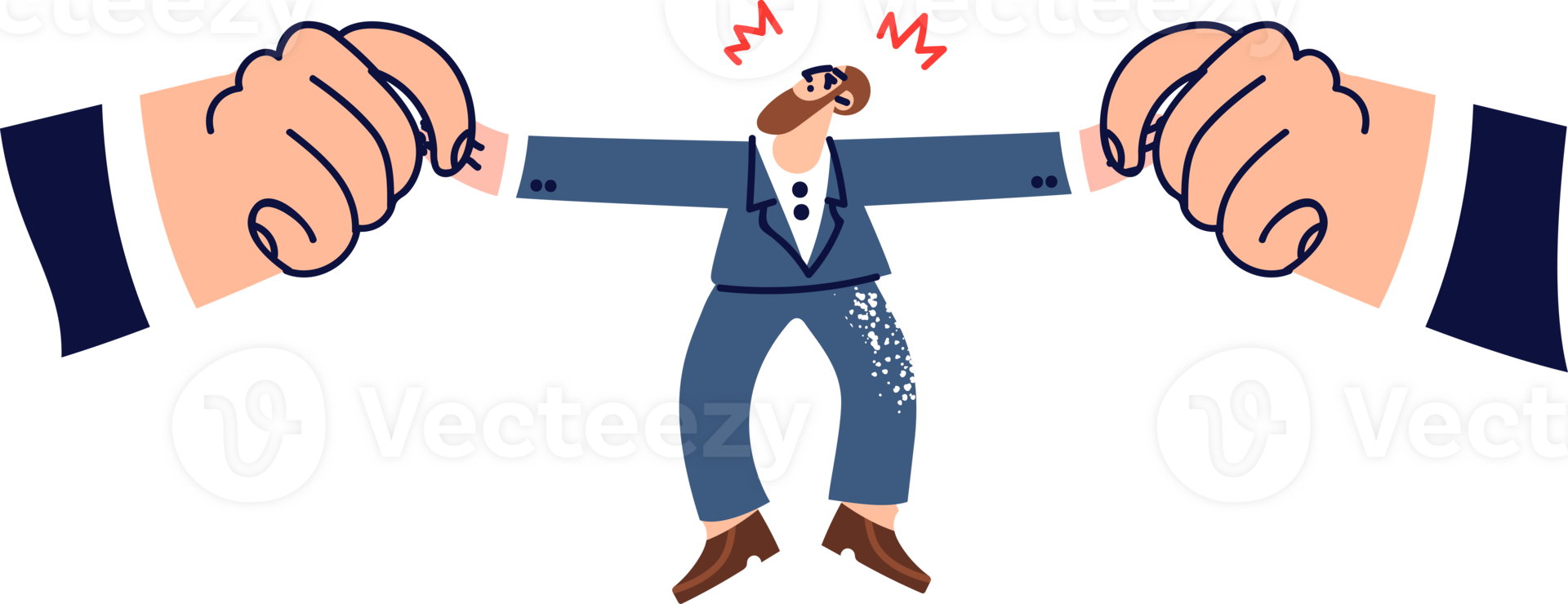 In-demand office worker suffers from managers pulling him in different directions, exerting unpleasant pressure. Pressure on clerk due to lack of sufficient personnel in company and staff shortages png