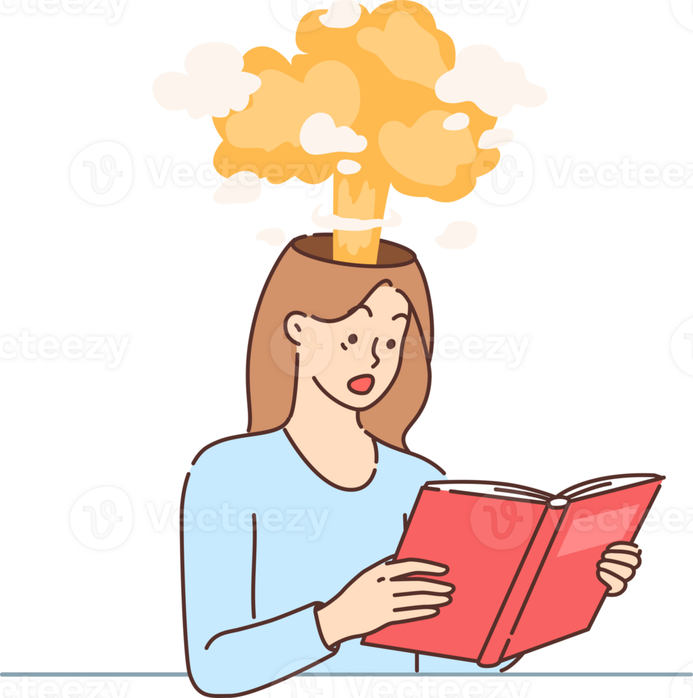 Surprise and shock is felt by woman with exploding head and reading book, learning unexpected facts about world history. Girl enjoys reading literature with sharp plot twists or fascinating plot png