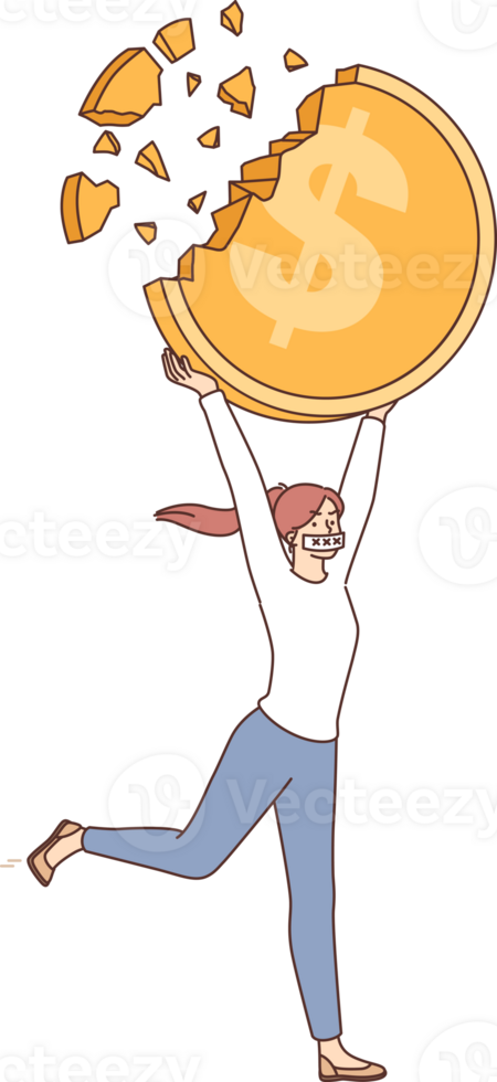 Woman who received money for silence runs with mouth taped and gold coin in hands. Inflation destroys money and makes girl nervous at risk of becoming bankrupt and being left without savings. png
