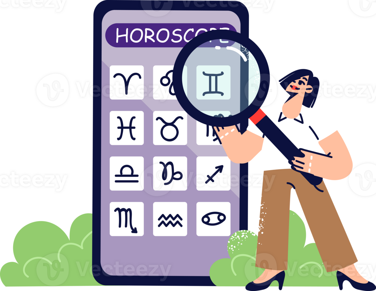 Horoscope in smartphone application, with forecasts for different zodiac signs, near business woman. Electronic horoscope with recommendations for people interested in esotericism and astrology png