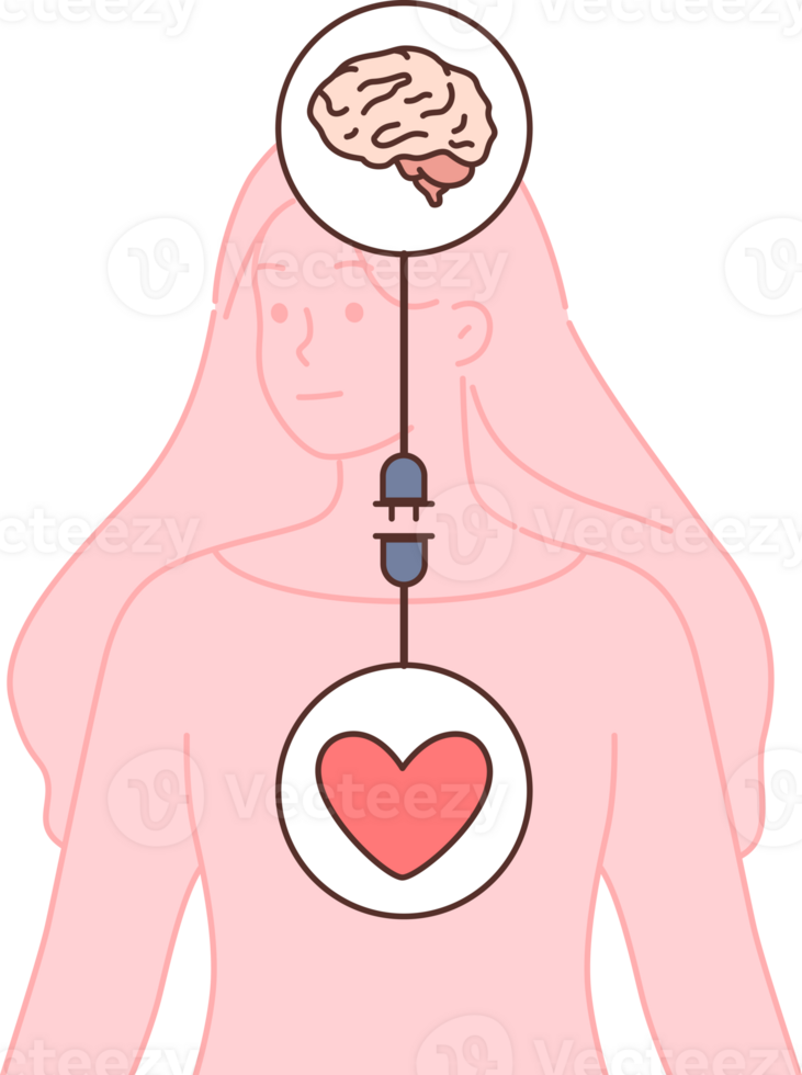 Harmony between mind and emotions for woman, with wire connecting brain and heart. Achieving life harmony or balance, helping to achieve success and avoid rash decisions that destroy life png