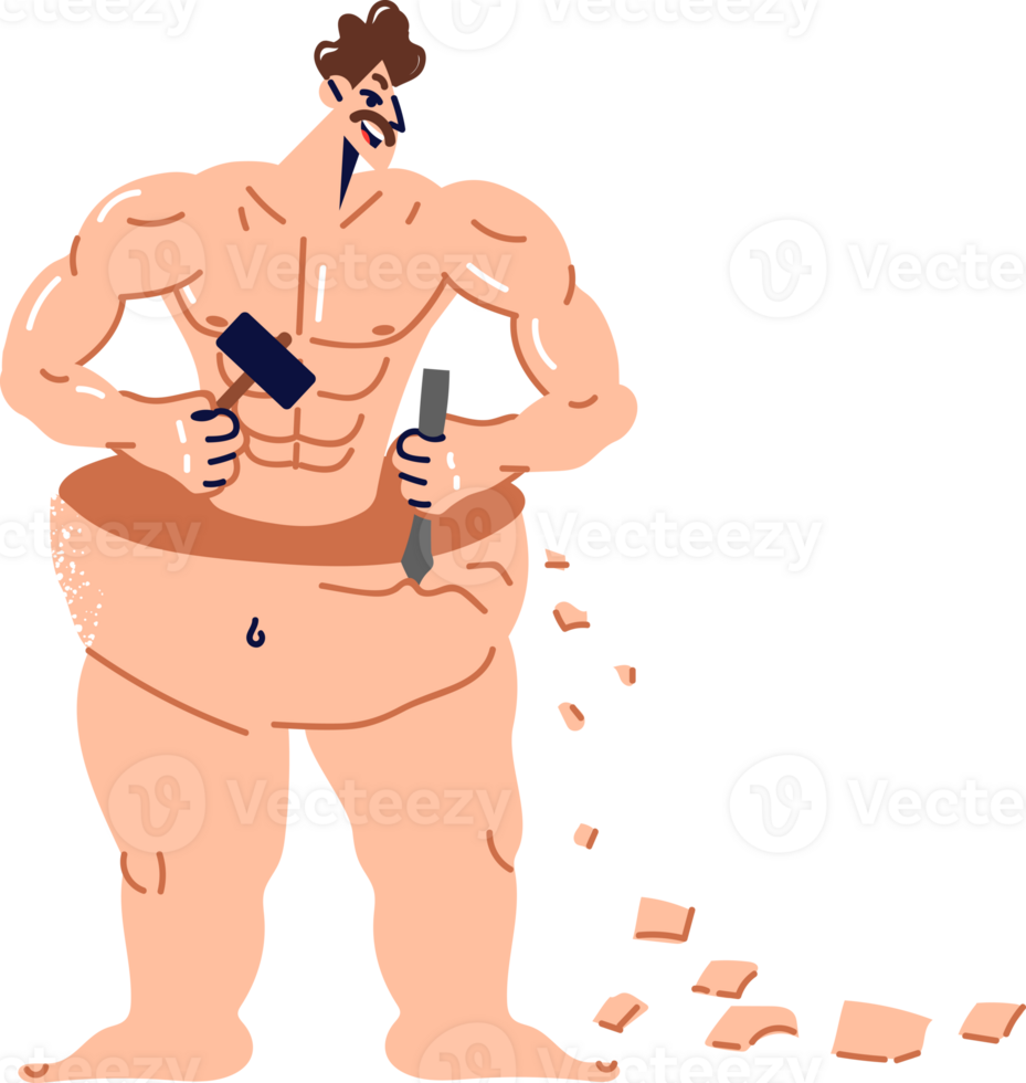 Man is interested in bodybuilding and building beautiful body with muscles and six-pack abs. Guy uses sculpting tool to destroy fat as metaphor for bodybuilding and readiness for self-improvement. png
