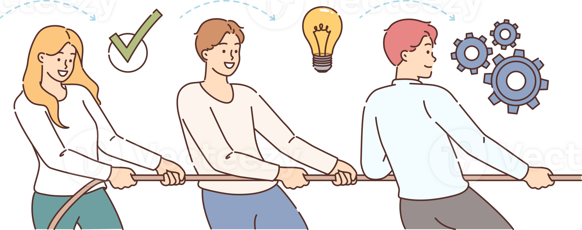 Synergy of group of people pulling rope together and fighting to achieve results from idea to production of prototype. Synergy between man and woman demonstrating ability to work as equals png