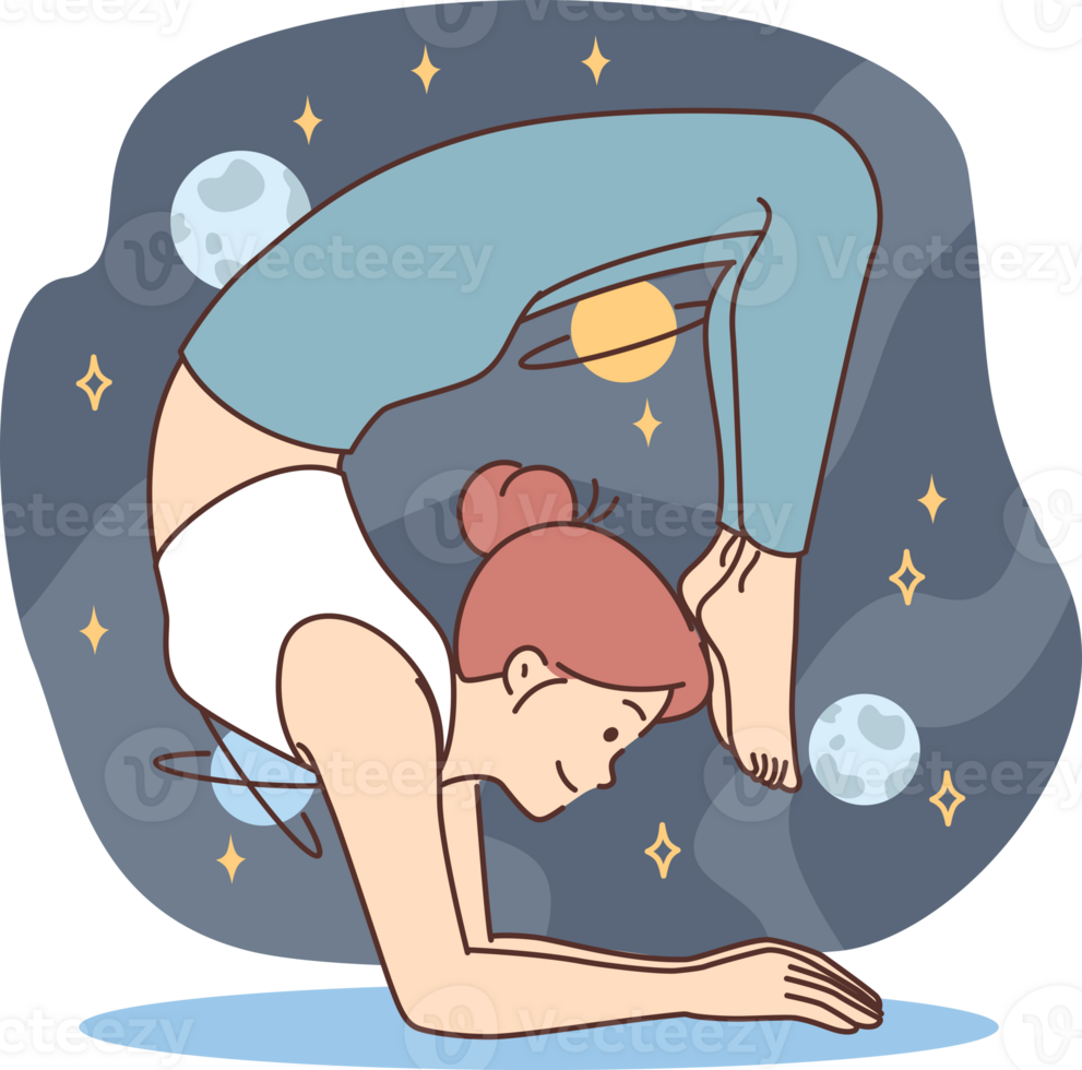 Woman practices yoga and pilates, taking difficult pose and imagining cosmos full of stars and planets. Girl tries to achieve prices with help of yoga meditations, taking care of own health png