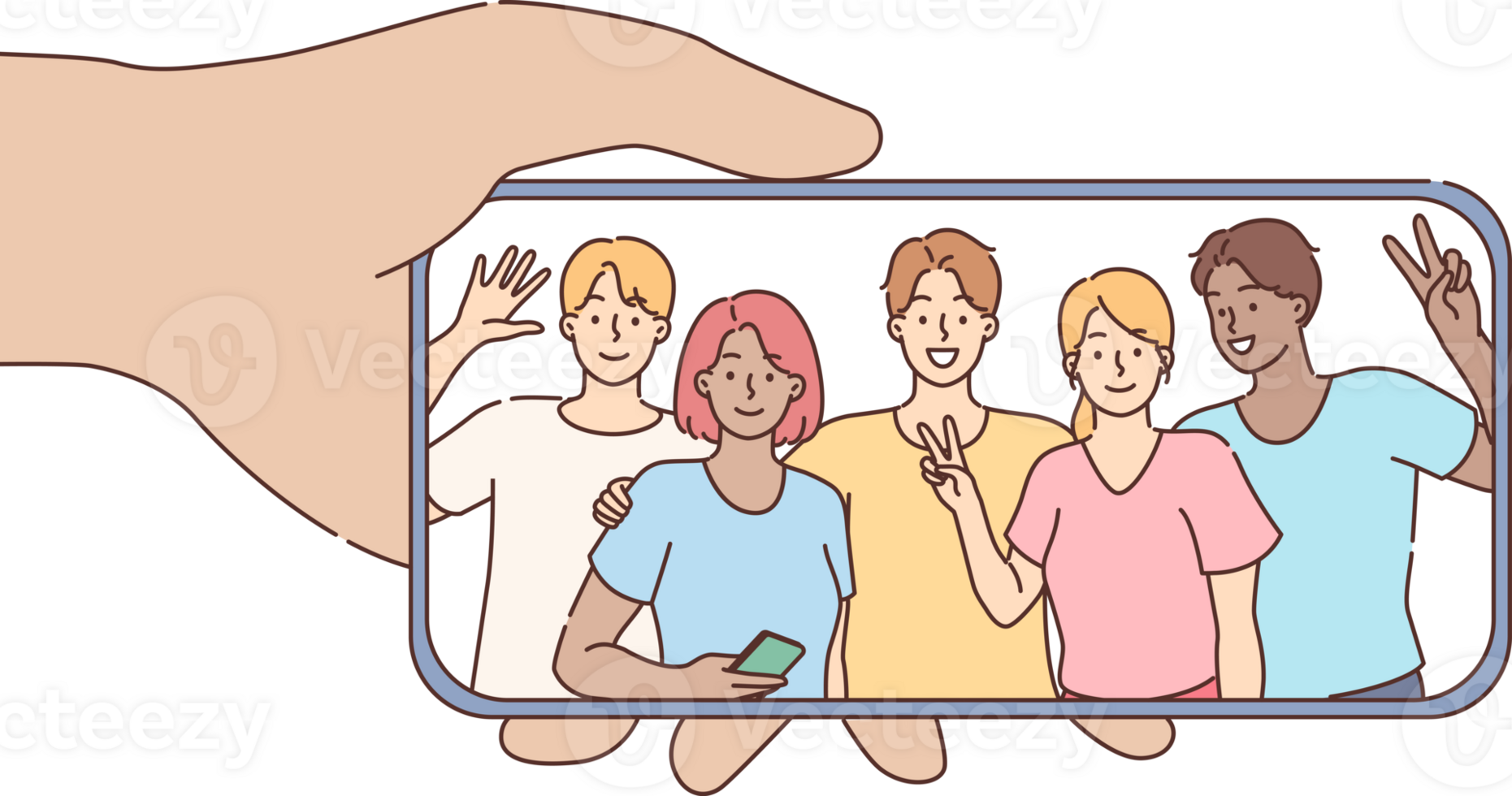 Group portrait of young men and women in smartphone screen, after selfie taken with built-in camera. Multi-ethnic people in portrait demonstrate unity and friendship while studying at university png