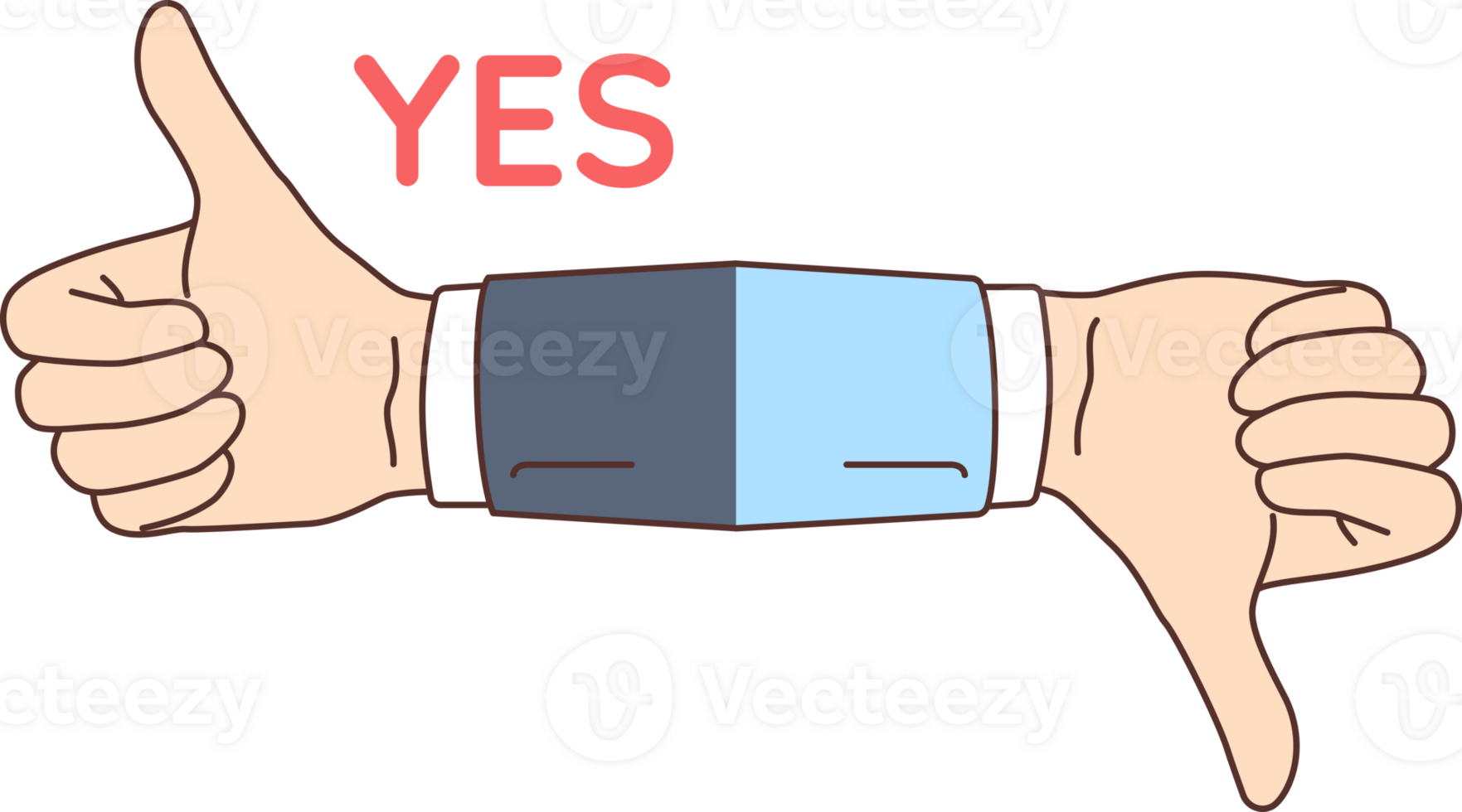 Solution is demonstrated by thumbs up or thumbs down hand gesture with yes or no written in contrasting colors. Business person shows positive and negative decision in response to heard proposal. png