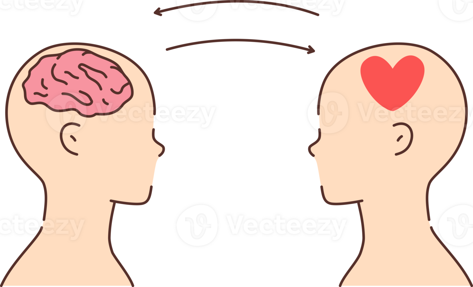 Balance between rationality and emotion for person who uses brain and heart at same time. Psychological harmony in decision making demonstrates two people with heart and brain in heads png